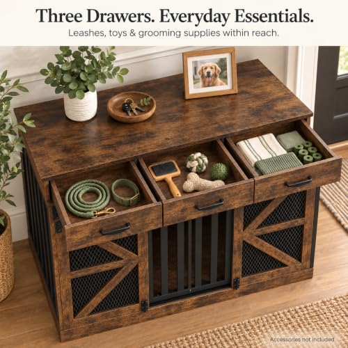 Furniture Dog Crate for Medium to Large Dogs, 2-in-1 Wooden Kennel, view 6