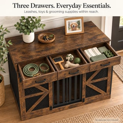 Furniture Dog Crate for Medium to Large Dogs, 2-in-1 Wooden Kennel, view 6