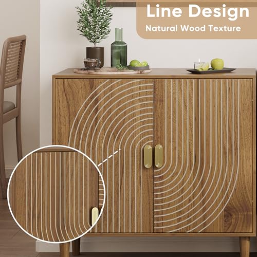 Walnut Sideboard Cabinet, Freestanding Buffet Cabinet with Line Groove Design, view 7