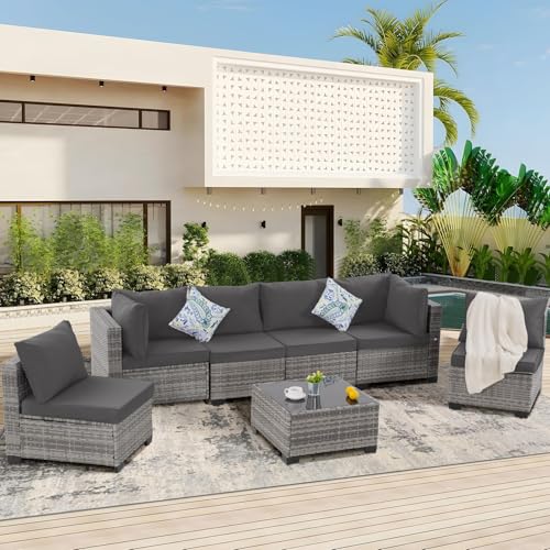 7 Piece Outdoor Wicker Patio Furniture Set, Grey/Dark Grey | Sectional Sofa | All-Weather Hand-Woven Rattan | Tempered Glass Coffee Table | Free Combination | Indoor & Outdoor Use