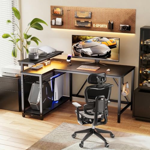 42" L-Shaped Gaming Desk with LED Lights and Power Outlets, Black, view 8