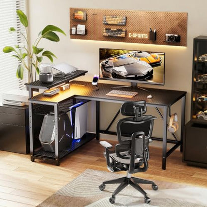 42" L-Shaped Gaming Desk with LED Lights and Power Outlets, Black, view 8