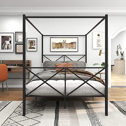 Queen Size Canopy Bed Frame, Black, view 4