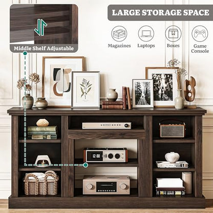 Farmhouse TV Stand with Adjustable Shelves & Open Storage, Walnut, view 4