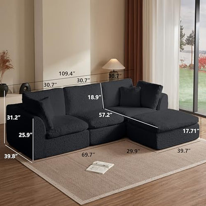 110" Cloud Sectional Couches for Living Room, Convertible L Shape Couch with Ottoman, 3 Seater Modular Sectional Sofa, Black