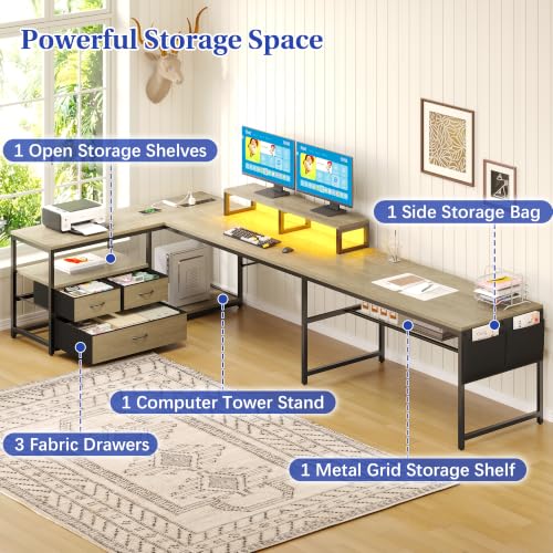 102“ L Shaped Gaming Desk with 3 Drawers & LED Light & Power Outlet, view 5