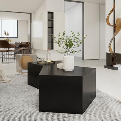 Irregular Pentagon Nesting Coffee Table,Black Modern Centre Table,Set of 2 End Table for Living Room,Office