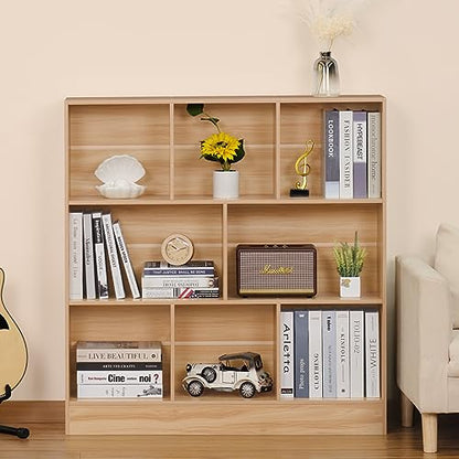 8 Cube Bookshelf with Base,3 Tier Mid-Century Modern Natural Bookcase,Standing Wide Bookshelves Storage Organizer Shelf,Rustic Wood Display Cabinet Book Shelves for Bedroom,Living Room,Office