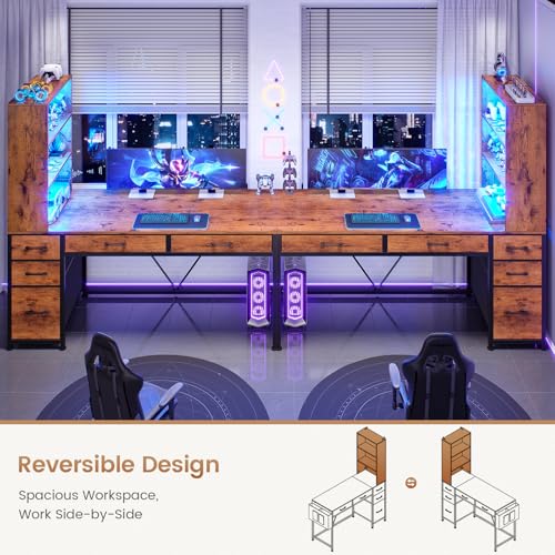 Computer Desk with 5 Drawers and Bookshelf, Reversible Home Office Desk with Storage Shelves and File Drawer, Gaming Corner Desk with LED Lights for Small Spaces, Rustic Brown
