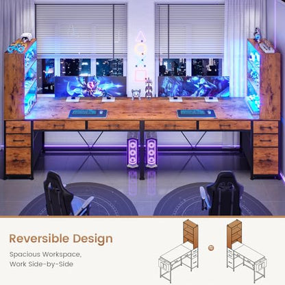 Computer Desk with 5 Drawers and Bookshelf, Reversible Home Office Desk with Storage Shelves and File Drawer, Gaming Corner Desk with LED Lights for Small Spaces, Rustic Brown