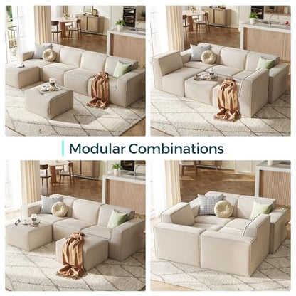 Modular Sectional Sofa, 134" Boneless Couch L Shaped 4-Seat Sofa with Movable Ottoman, Corduroy Sectional Cloud Couches for Living Room, No Assembly Required, Beige