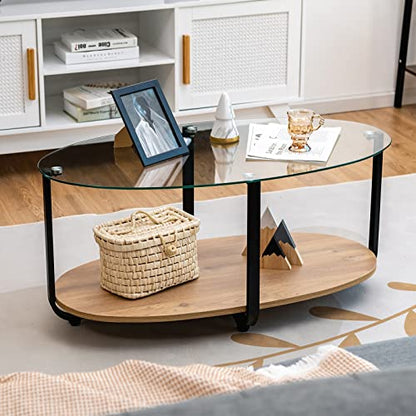Glass Coffee Table, 2 Tier Oval Tea Table with Tempered Glass Tabletop and Wooden Shelf, Modern Glass Sofa Center Table for Home Office, Metal Legs, Home Decor Accent Cocktail Table