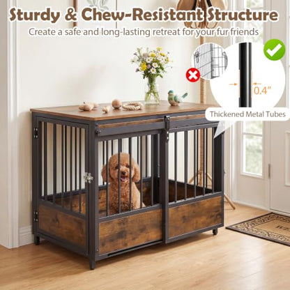 Dog Crate Furniture with 2 Doors, 32.5" Wooden Kennel with Mat, view 5
