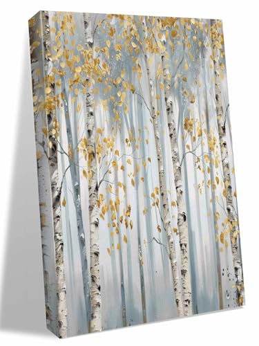 NuYeBiofx Forest Yellow Leaf Gray Tree Canvas Wall Art Prints,30"x20" Framed Picture Artwork Fall Botanical Trees Printed Canvas Oil Painting for Living Room Bedroom Office,Ready to Hang