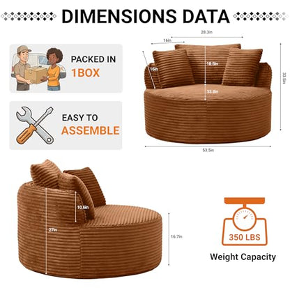 54"Round Chair Chaise Lounge Indoor, Cloud Boneless Chair w/ Side Pocket, view 3