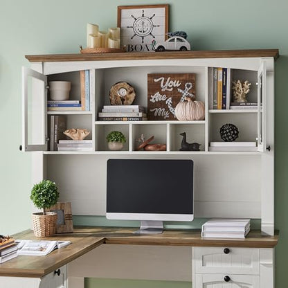 60" L Shaped Farmhouse Executive Desk with Hutch, Antique White, view 5