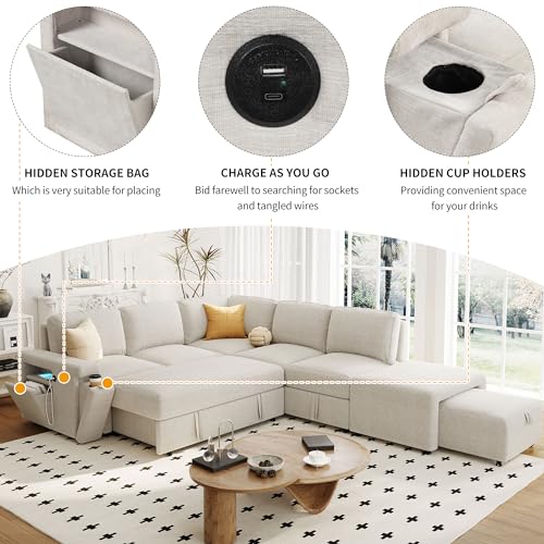 L-Shaped Modular Sofa with Removable Storage Ottoman, USB Ports and Cup Holder, Upholstered Sectional Couch & Armrest, Free Combination Indoor Furniture for Living Room, Apartments, Beige