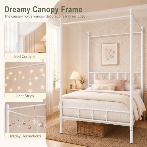 Twin Canopy Bed Frame with Headboard and Footboard (White), view 5