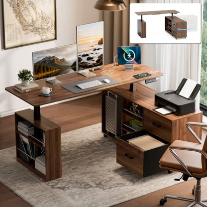 63" Electric L-Shaped Standing Desk with Drawers & Power Outlet, view 2