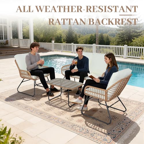 EortheX 4 Pieces Outdoor Patio Furniture Set,Patio Conversation Set,Rattan Wicker Bistro Sets with Loveseat Chairs and Modern Coffee Table for Backyard Deck Balcony and Garden Lounge Spaces - Beige