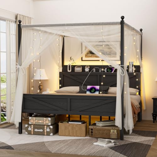 Metal Canopy Bed Frame King Size with Storage Headboard, view 2