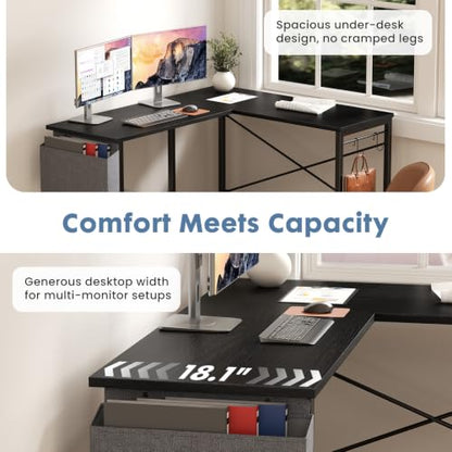 L Shaped Computer Corner Desk with PC Stand, Black, view 6