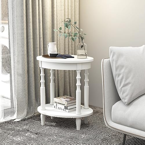 2-Tier Oval End Table, Sofa Side Table with Storage Shelf, Solid Wood Legs, Modern Accent Table, Compact Nightstand for Living Room, Bedroom, Small Space, White