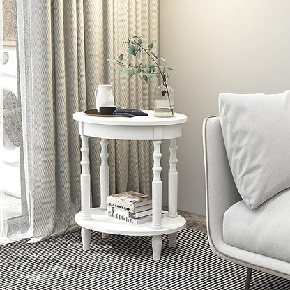 2-Tier Oval End Table, Sofa Side Table with Storage Shelf, Solid Wood Legs, Modern Accent Table, Compact Nightstand for Living Room, Bedroom, Small Space, White