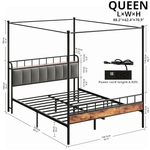 Queen Canopy Bed Frame, Storage Headboard with Charging Station, view 3