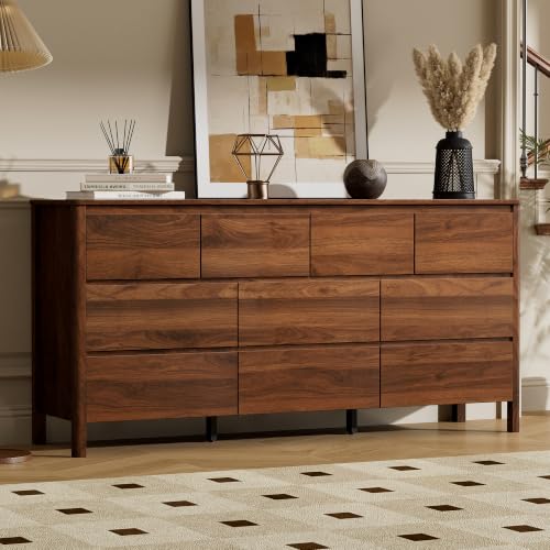 63.1" Wide 10 Drawer Wood Dresser for Bedroom with Legs, Walnut, view 8