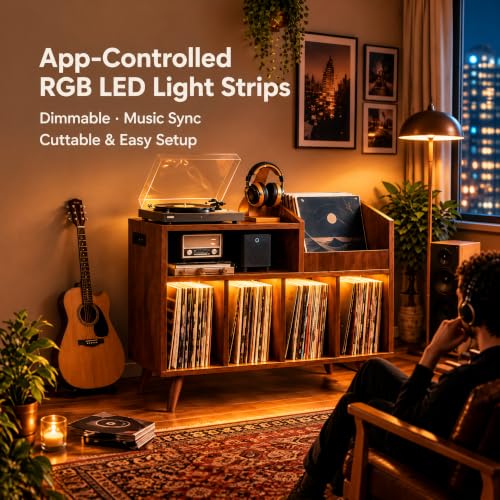 Large Record Player Stand with Built-in Outlet and LED Light, Walnut, view 7