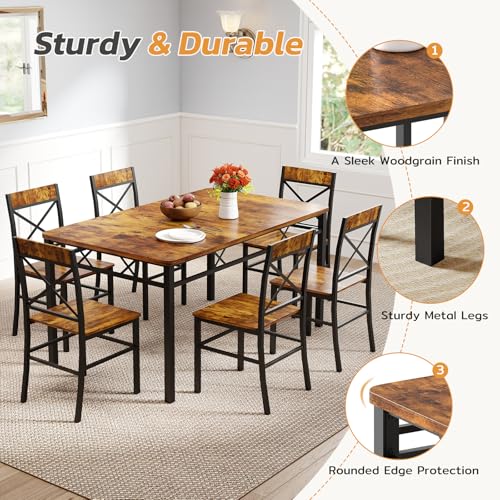 7-Piece Dining Table Set, Kitchen Table Chairs Set of 6, Dining Room Sets for 6, Farmhouse Dining Table Set with 6 X-Shaped Curved Backrest Chairs, for Kitchen & Living Room-Rustic Brown