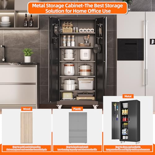 71" Metal Garage Storage Cabinet with Wheels,Pegboard,Lock,5 Shelves, view 8