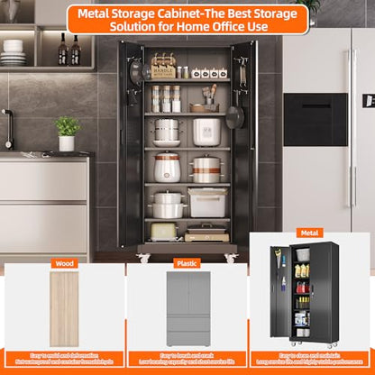 71" Metal Garage Storage Cabinet with Wheels,Pegboard,Lock,5 Shelves, view 8