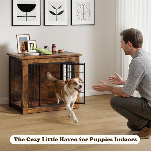 Wooden Dog Crate Furniture with Thick Cushion, Indoor Side Table Dog Kennel, view 7