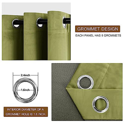 Moss Green Velvet Curtains 96 inches with Tiebacks - Elegant Sunlight Blocking Curtains for Living Room Thermal Insulated Noise Reducing Window Shade Panels for Living Room, W52 x L96, 2 Panels
