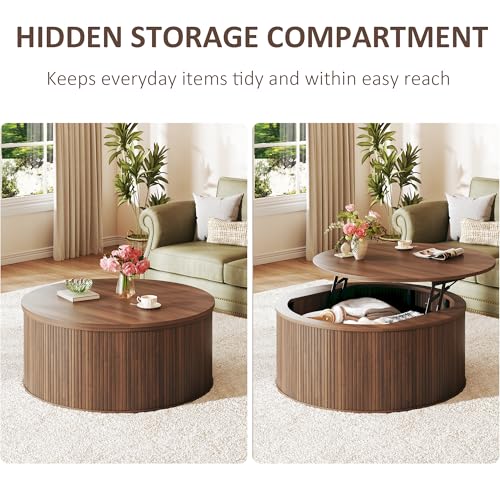 Round Coffee Table with Storage, 31.5" Lift Top Coffee Table, Mid Century Modern Coffee Tables for Living Room, Apartment Office, Fluted Table with Rustic Wood Desktop, Walnut