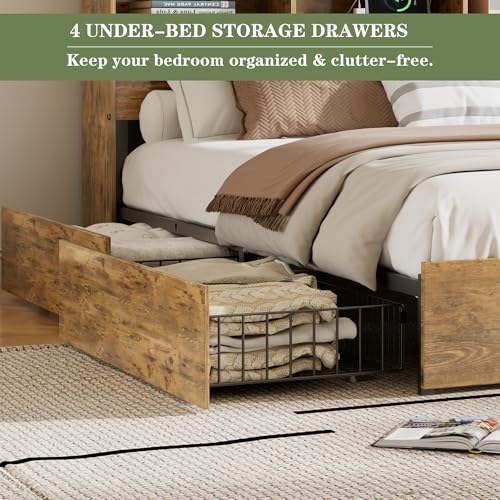 King Size Bed Frame with 50" Tall Storage Bookcase Headboard, view 8