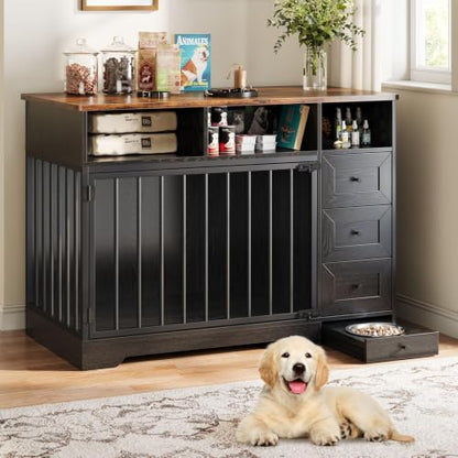 48'' Dog Crate Furniture with Bowl, Medium Dog Cage, Black, view 2