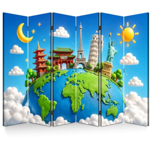 6 Panels Folding Screen Room Divider Whimsical World Landmarks Globe Vibrant Sky Clouds Boho Divider for Room Separation Portable Privacy Partition Screen Indoor