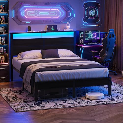 Queen Size Bed Frame with LED Lights and Charging Station Headboard, view 4