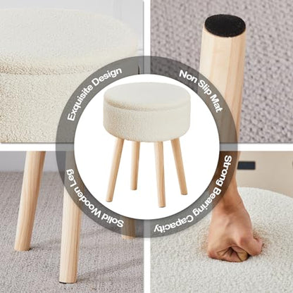 Storage Ottoman Foot Stool Teddy Velvet Round Vanity Stool Tray Top Footstool with Wood Legs Upholstered Foot Rest Ottoman for Living Room, Bathroom, Makeup (White)
