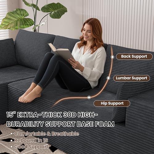106" Cloud Sectional Boneless Couches for Living Room, Modular L Shaped Couch with Deep Seat Oversized Left Facing Chaise, Memory Foam Compressed Spineless 3 Seater Sofa for Bedroom Apartment, Grey