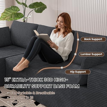 106" Cloud Sectional Boneless Couches for Living Room, Modular L Shaped Couch with Deep Seat Oversized Left Facing Chaise, Memory Foam Compressed Spineless 3 Seater Sofa for Bedroom Apartment, Grey