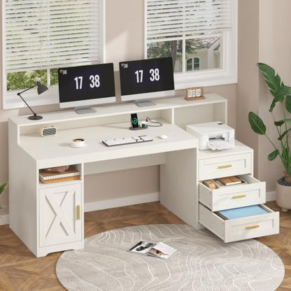 65" White Computer Desk with Drawers and Printer Stand for Home Office, view 4