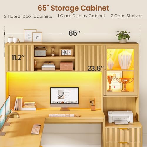 67" x 65" L Shaped Desk with Hutch, RGB LED Corner Computer Desk with Power Outlets, Fluted Home Office Desk with File Drawer, Storage Cabinet & Glass Display Cabinet for Gaming & Working, Oak