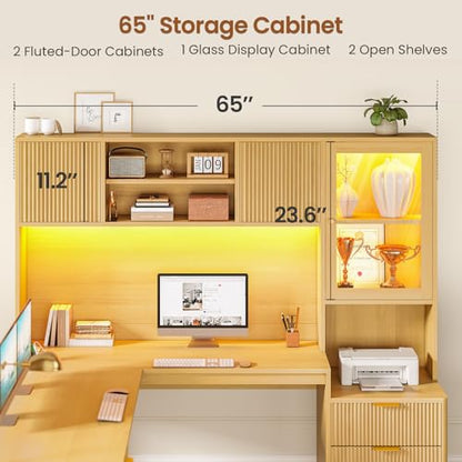 67" x 65" L Shaped Desk with Hutch, RGB LED Corner Computer Desk with Power Outlets, Fluted Home Office Desk with File Drawer, Storage Cabinet & Glass Display Cabinet for Gaming & Working, Oak