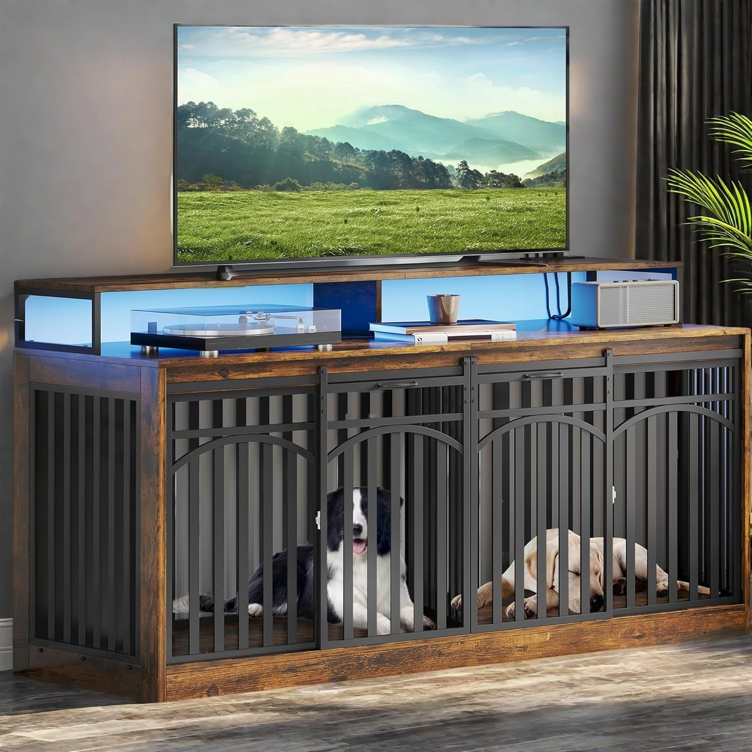 71 Inch Double Dog Crate Furniture with LED Light & Power Outlets for 2 Dogs, Heavy Duty Cage with TV Stand Shelves, Dog Kennel Indoor Sliding Barn Door Design for Large Dogs, Rustic Brown