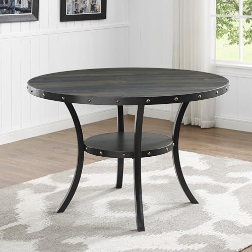 Collection Biony Espresso Wood Dining Set with Blue Fabric Nailhead Chairs