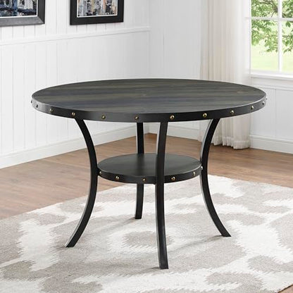 Collection Biony Espresso Wood Dining Set with Blue Fabric Nailhead Chairs